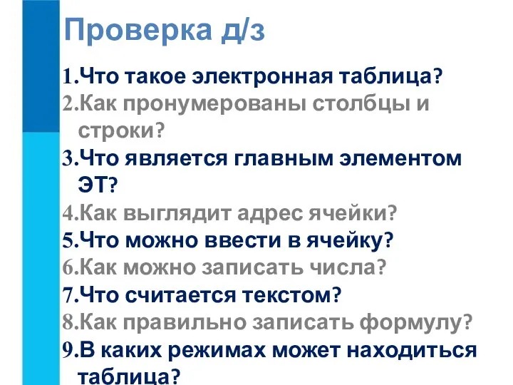 Проверка д/з Что такое электронная таблица? Как пронумерованы столбцы и строки?