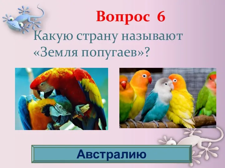 Вопрос 6 Австралию Какую страну называют «Земля попугаев»?