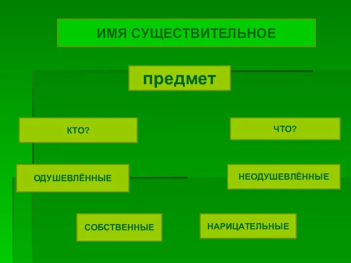 ИМЯ СУЩЕСТВИТЕЛЬНОЕ КТО? ЧТО? предмет ОДУШЕВЛЁННЫЕ НЕОДУШЕВЛЁННЫЕ СОБСТВЕННЫЕ НАРИЦАТЕЛЬНЫЕ