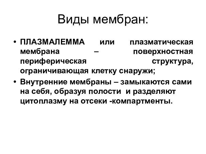 Виды мембран: ПЛАЗМАЛЕММА или плазматическая мембрана – поверхностная периферическая структура, ограничивающая