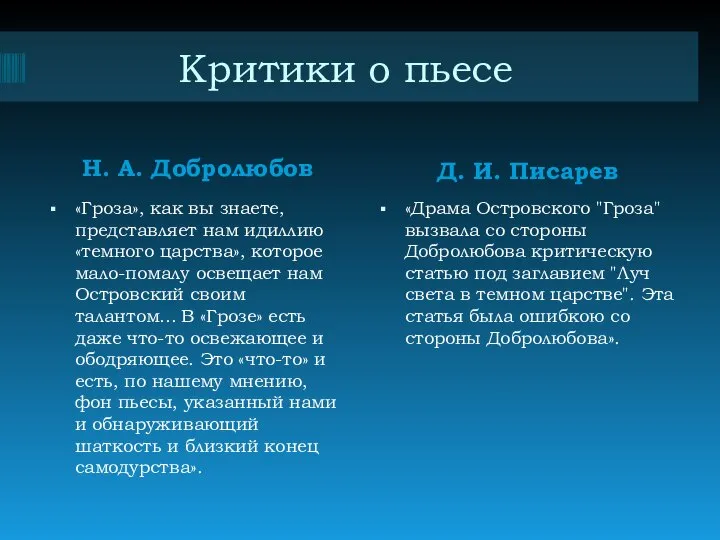 Критики о пьесе Н. А. Добролюбов Д. И. Писарев «Гроза», как