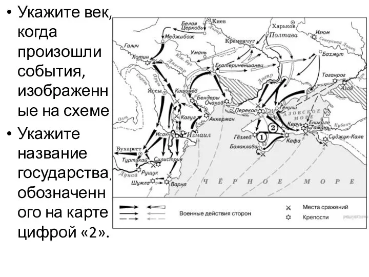 Укажите век, когда произошли события, изображенные на схеме. Укажите название государства, обозначенного на карте цифрой «2».