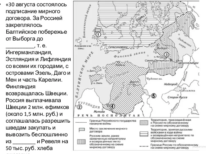 «30 августа состоялось подписание мирного договора. За Россией закреплялось Балтийское побережье