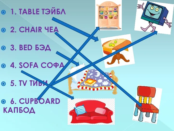 1. TABLE ТЭЙБЛ 2. CHAIR ЧЕА 3. BED БЭД 4. SOFA