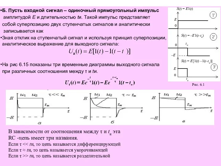 Б. Пусть входной сигнал – одиночный прямоугольный импульс амплитудой Е и