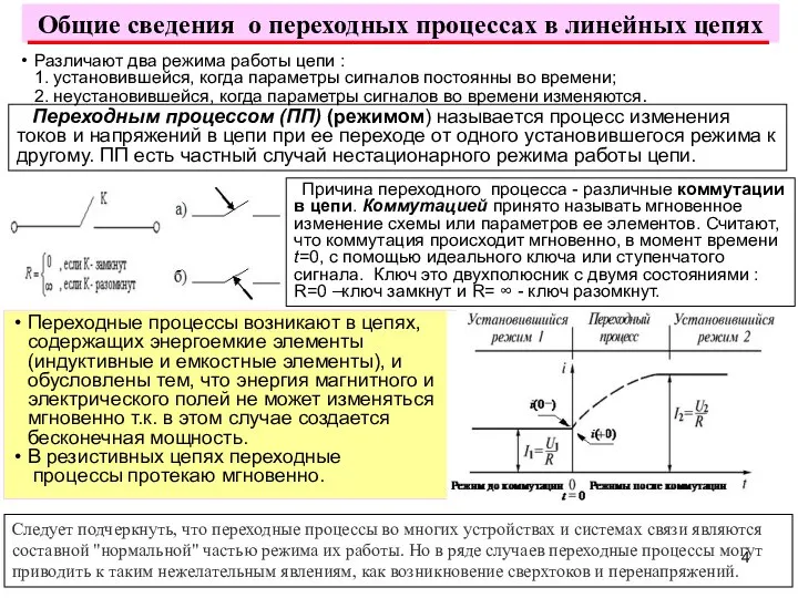 Общие сведения о переходных процессах в линейных цепях Переходные процессы возникают