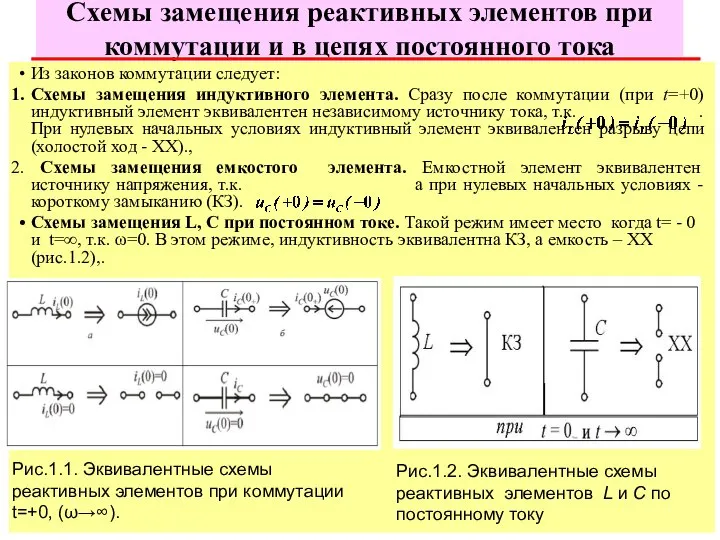 Схемы замещения реактивных элементов при коммутации и в цепях постоянного тока