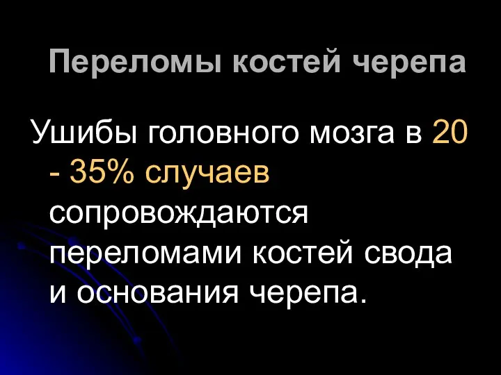 Переломы костей черепа Ушибы головного мозга в 20 - 35% случаев