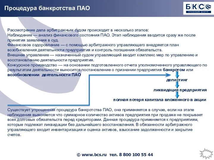 Процедура банкротства ПАО Рассмотрение дела арбитражным судом происходит в несколько этапов: