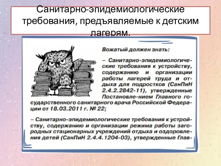 Санитарно-эпидемиологические требования, предъявляемые к детским лагерям.