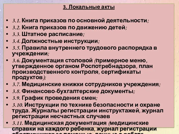 3. Локальные акты 3.1. Книга приказов по основной деятельности; 3.2. Книга