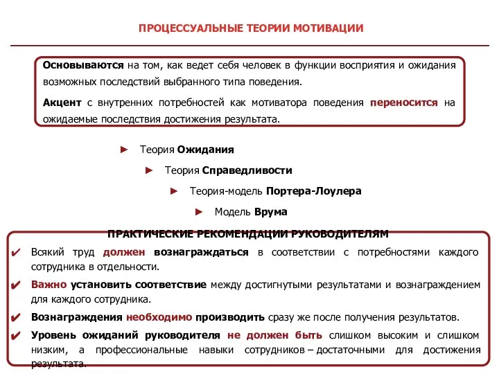 ПРОЦЕССУАЛЬНЫЕ ТЕОРИИ МОТИВАЦИИ Основываются на том, как ведет себя человек в