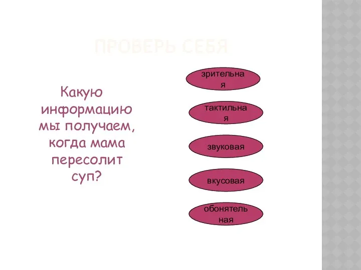 ПРОВЕРЬ СЕБЯ Какую информацию мы получаем, когда мама пересолит суп? зрительная тактильная звуковая вкусовая обонятельная