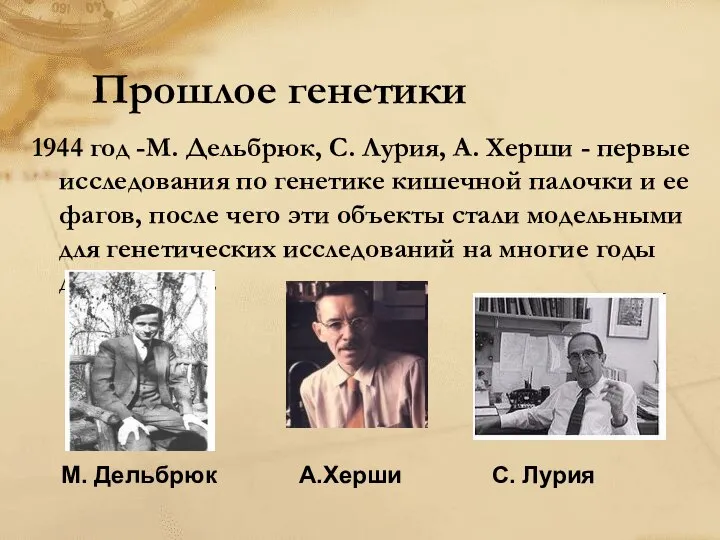 Прошлое генетики 1944 год -М. Дельбрюк, С. Лурия, А. Херши -