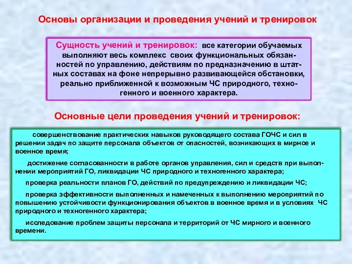 Основы организации и проведения учений и тренировок Сущность учений и тренировок: