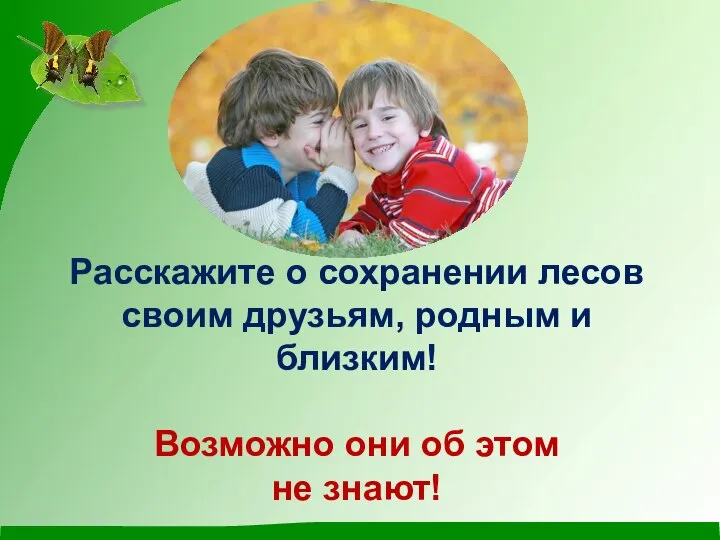 Расскажите о сохранении лесов своим друзьям, родным и близким! Возможно они об этом не знают!