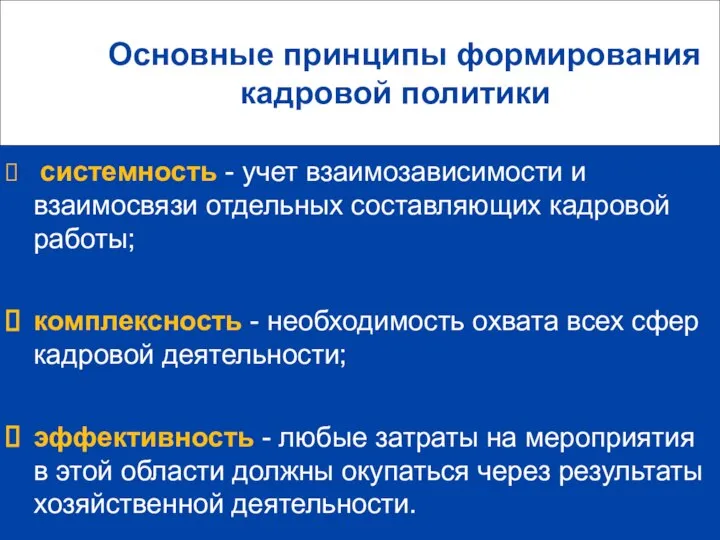 Основные принципы формирования кадровой политики системность - учет взаимозависимости и взаимосвязи