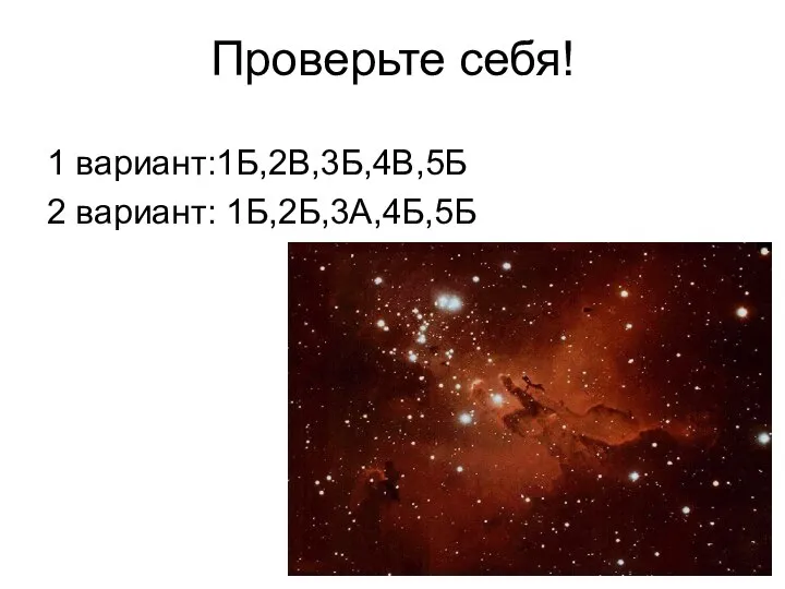 Проверьте себя! 1 вариант:1Б,2В,3Б,4В,5Б 2 вариант: 1Б,2Б,3А,4Б,5Б