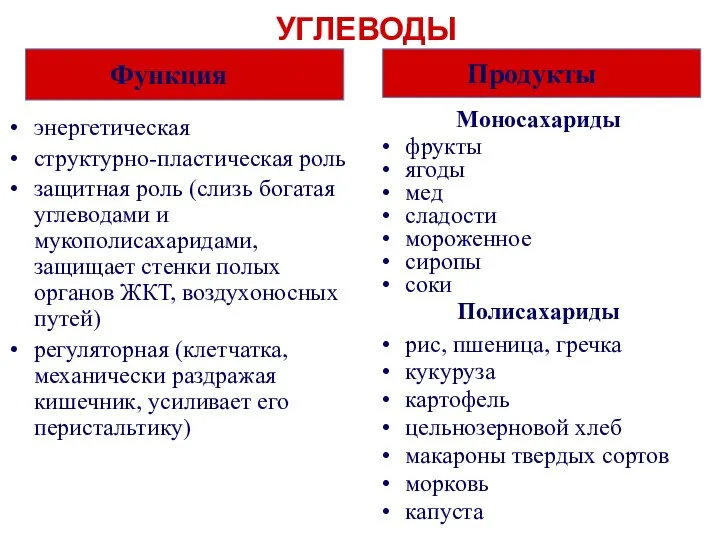 УГЛЕВОДЫ энергетическая структурно-пластическая роль защитная роль (слизь богатая углеводами и мукополисахаридами,