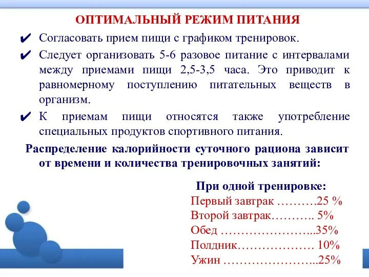 ОПТИМАЛЬНЫЙ РЕЖИМ ПИТАНИЯ Согласовать прием пищи с графиком тренировок. Следует организовать