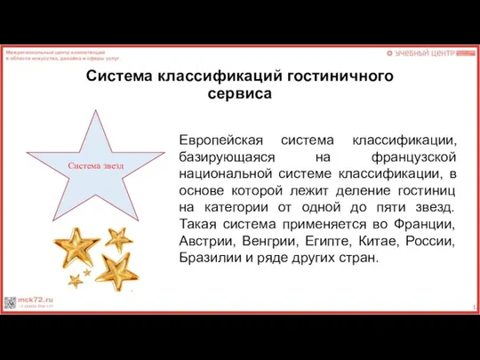 Система классификаций гостиничного сервиса Европейская система классификации, базирующаяся на французской национальной