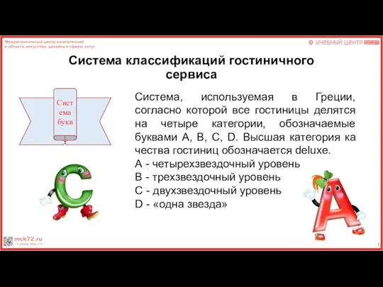 Система классификаций гостиничного сервиса Система, используемая в Греции, согласно которой все