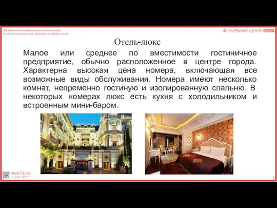 Отель-люкс Малое или среднее по вместимости гостиничное предприятие, обычно расположенное в