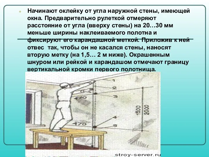 Начинают оклейку от угла наружной стены, имеющей окна. Предварительно рулеткой отмеряют