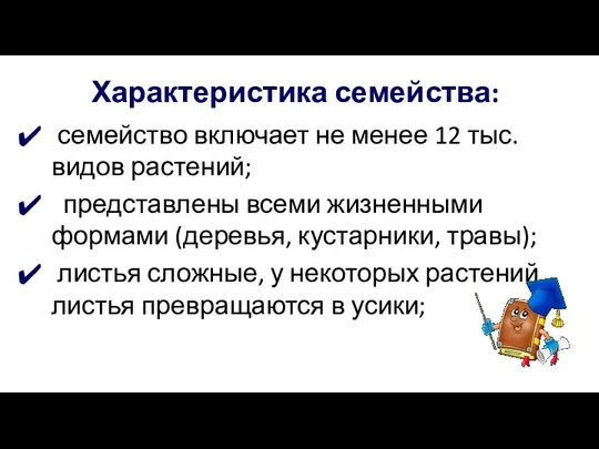 Характеристика семейства: семейство включает не менее 12 тыс. видов растений; представлены