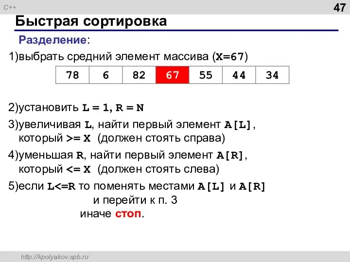 Быстрая сортировка Разделение: выбрать средний элемент массива (X=67) установить L =