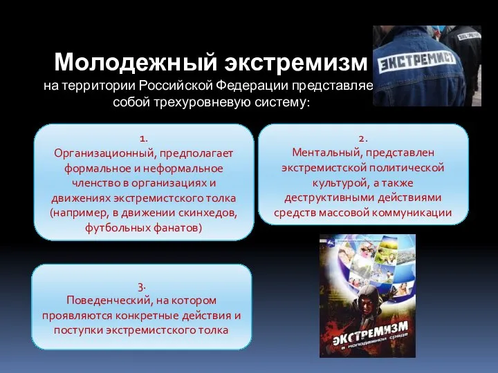 Молодежный экстремизм на территории Российской Федерации представляет собой трехуровневую систему: 1.