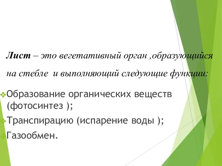 Лист – это вегетативный орган ,образующийся на стебле и выполняющий следующие