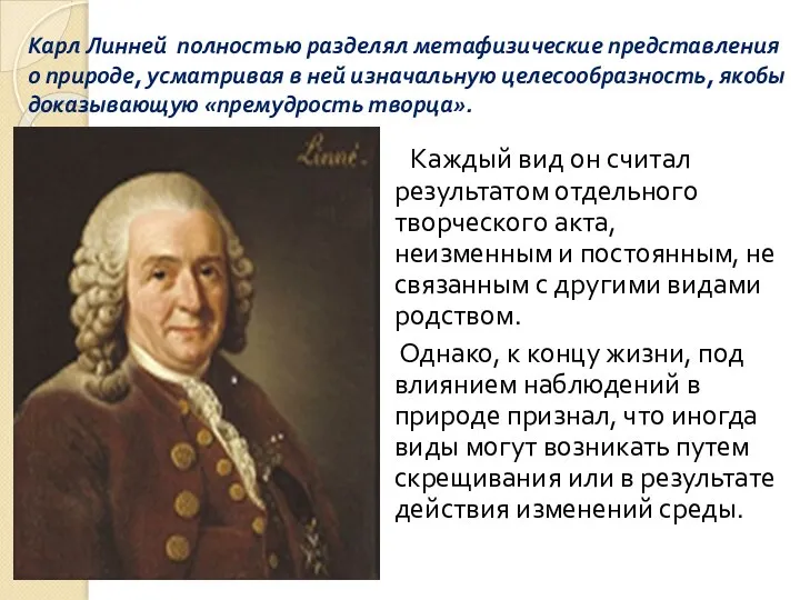 Карл Линней полностью разделял метафизические представления о природе, усматривая в ней