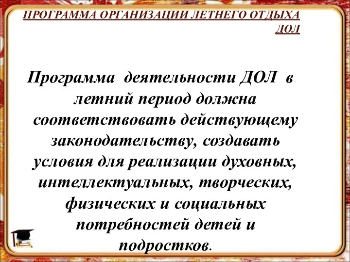 ПРОГРАММА ОРГАНИЗАЦИИ ЛЕТНЕГО ОТДЫХА ДОЛ Программа деятельности ДОЛ в летний период