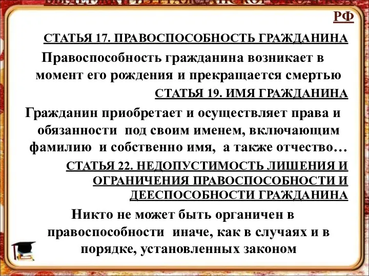 ВЫДЕРЖКИ ИЗ ГРАЖДАНСКОГО КОДЕКСА РФ СТАТЬЯ 17. ПРАВОСПОСОБНОСТЬ ГРАЖДАНИНА Правоспособность гражданина