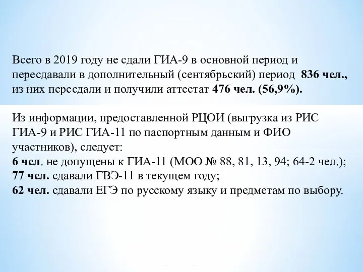 Всего в 2019 году не сдали ГИА-9 в основной период и