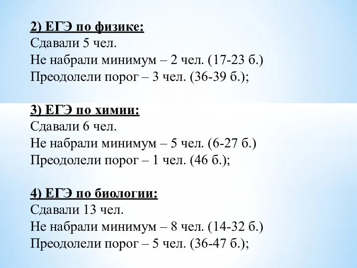 2) ЕГЭ по физике: Сдавали 5 чел. Не набрали минимум –