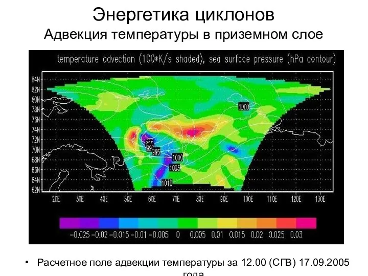 Энергетика циклонов Адвекция температуры в приземном слое Расчетное поле адвекции температуры за 12.00 (СГВ) 17.09.2005 года