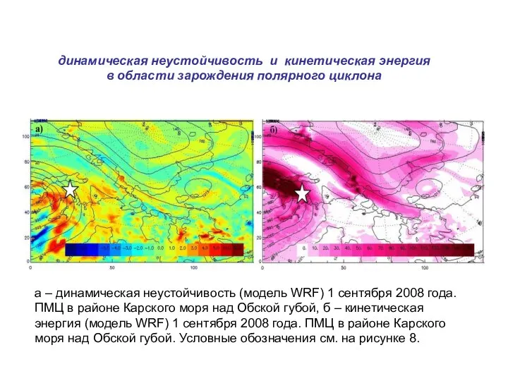 а – динамическая неустойчивость (модель WRF) 1 сентября 2008 года. ПМЦ