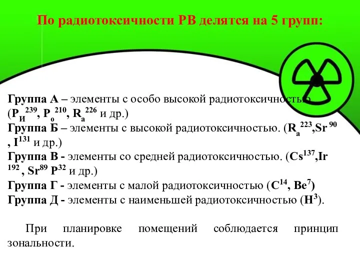 По радиотоксичности РВ делятся на 5 групп: Группа А – элементы