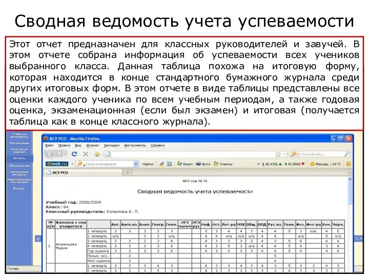 Копылова Е.П. 18.12.2009 Сводная ведомость учета успеваемости Этот отчет предназначен для