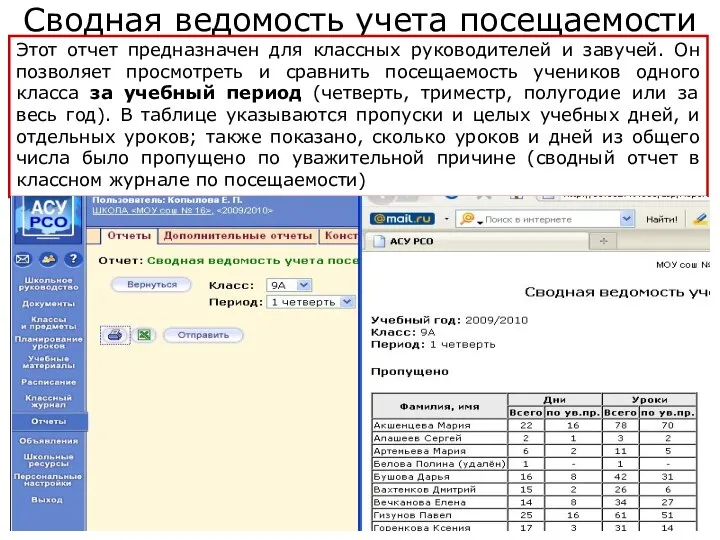 Копылова Е.П. 18.12.2009 Сводная ведомость учета посещаемости Этот отчет предназначен для