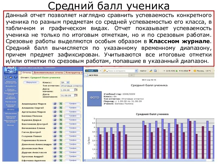 Копылова Е.П. 18.12.2009 Средний балл ученика Данный отчет позволяет наглядно сравнить