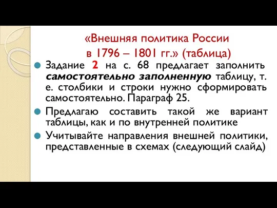 «Внешняя политика России в 1796 – 1801 гг.» (таблица) Задание 2