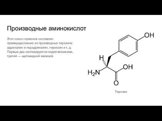 Производные аминокислот Этот класс гормонов составлен преимущественно из производных тирозина: адреналин