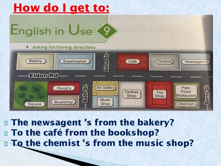 How do I get to: The newsagent ’s from the bakery?