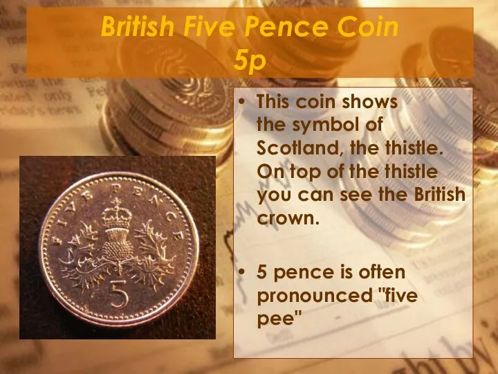 British Five Pence Coin 5p This coin shows the symbol of