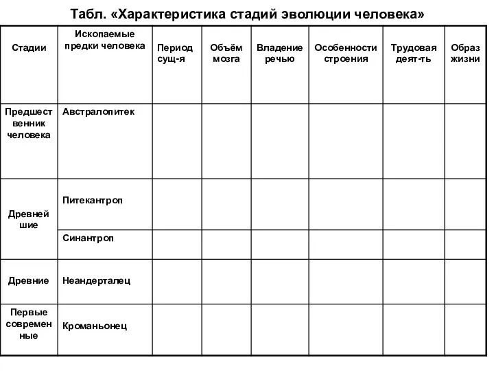 Табл. «Характеристика стадий эволюции человека»