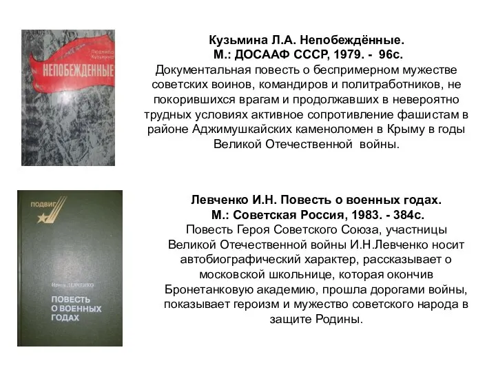 Кузьмина Л.А. Непобеждённые. М.: ДОСААФ СССР, 1979. - 96с. Документальная повесть