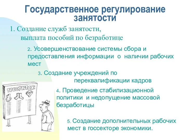 1. Создание служб занятости, выплата пособий по безработице 5. Создание дополнительных